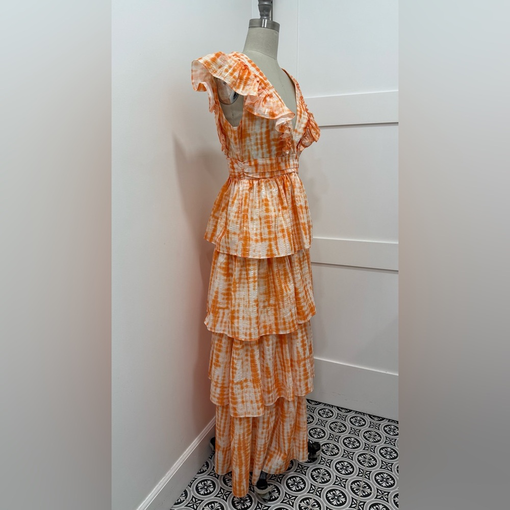 L'ATISTE Print Milty Tired Ruffle Maxi Orange Summer Dress Size S Vacation - Picture 2 of 8